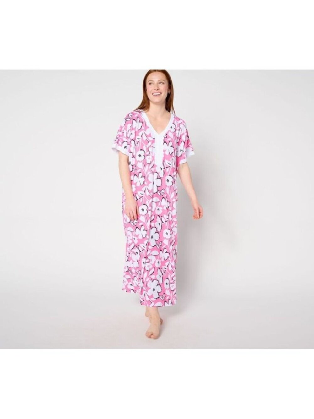 Stan Herman Women Dress Sz L Forget Me Not Floral 50" Caftan Pink A634017